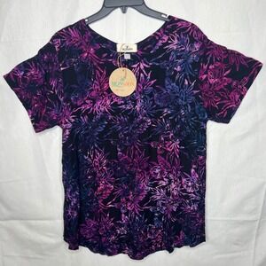 Monsoon Pamela Top Women's OSFM Black Purple Floral Rayon Vacation
